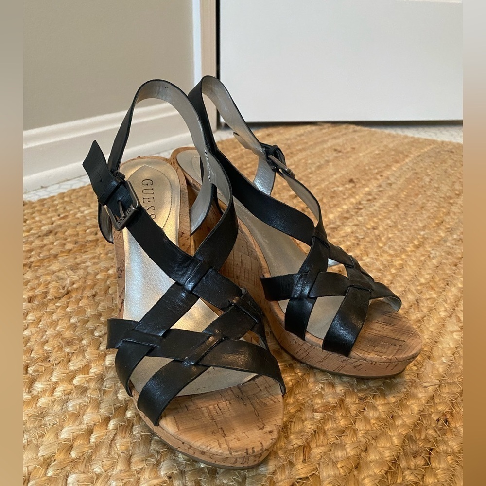 Guess Women’s Black Leather Strappy Cork Wedge Sandals Size 8.5